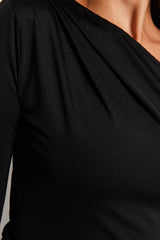 Black Asymmetric Collar Long Sleeve Stretch Snap Knitted Body - All About Eg