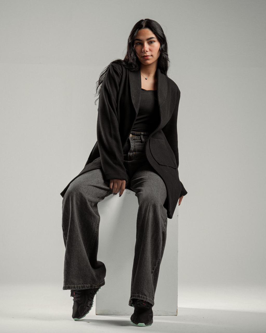 Oversized Knitted Sweater Black Coat Casual Lapel Warm Overcoat With Pockets - All About Eg