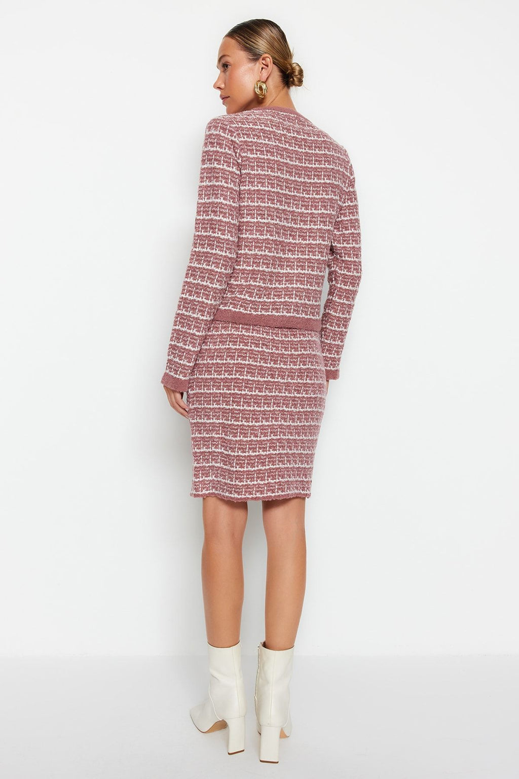 Soft Textured Dried Rose Knitwear Cardigan and Skirt Set - Knitted Detail - All About Eg