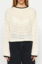 Crew Neck Ecru Knitwear Sweater - Openwork Hole