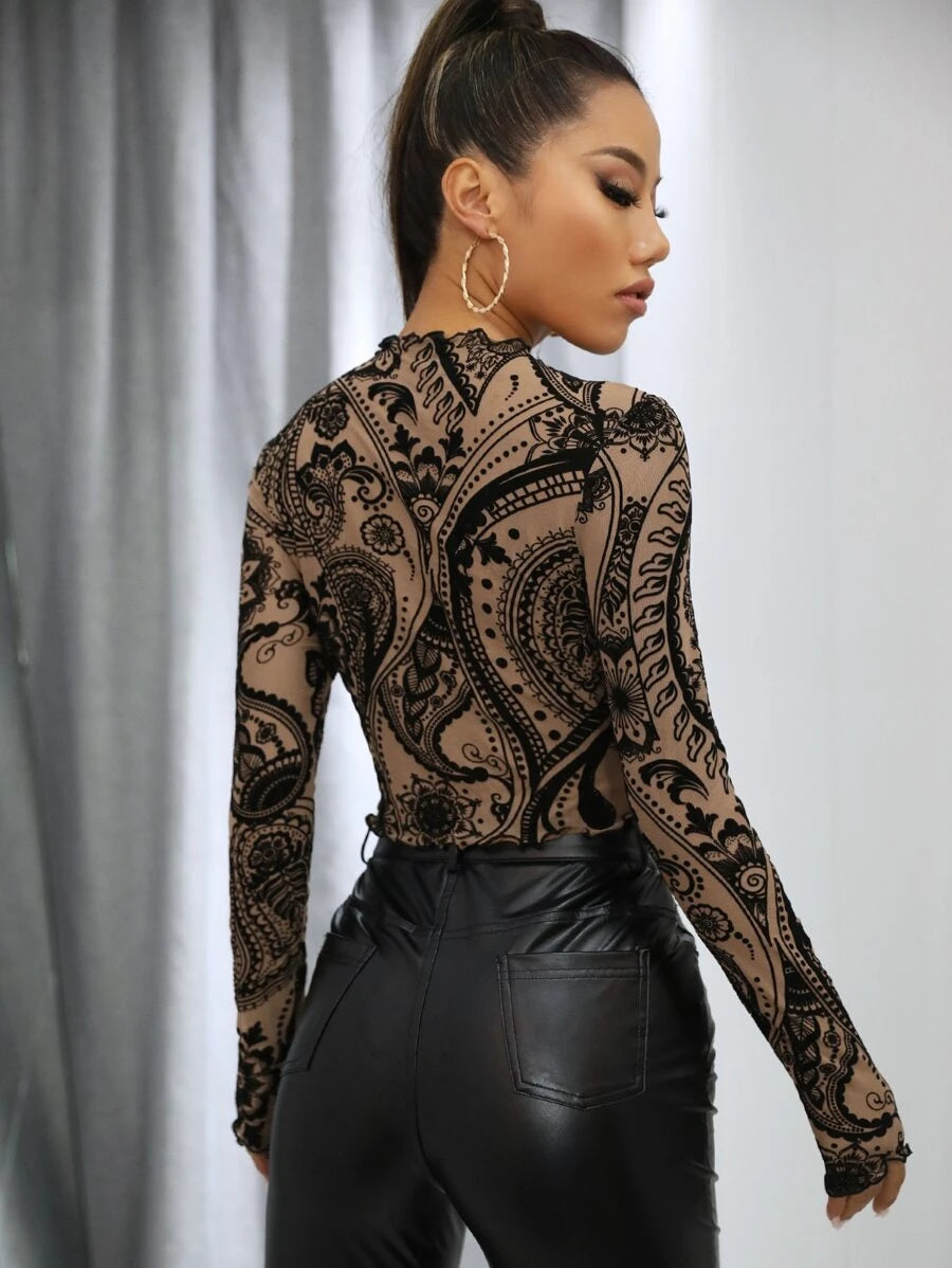 Lettuce Trim Flocked Mesh Crop Top