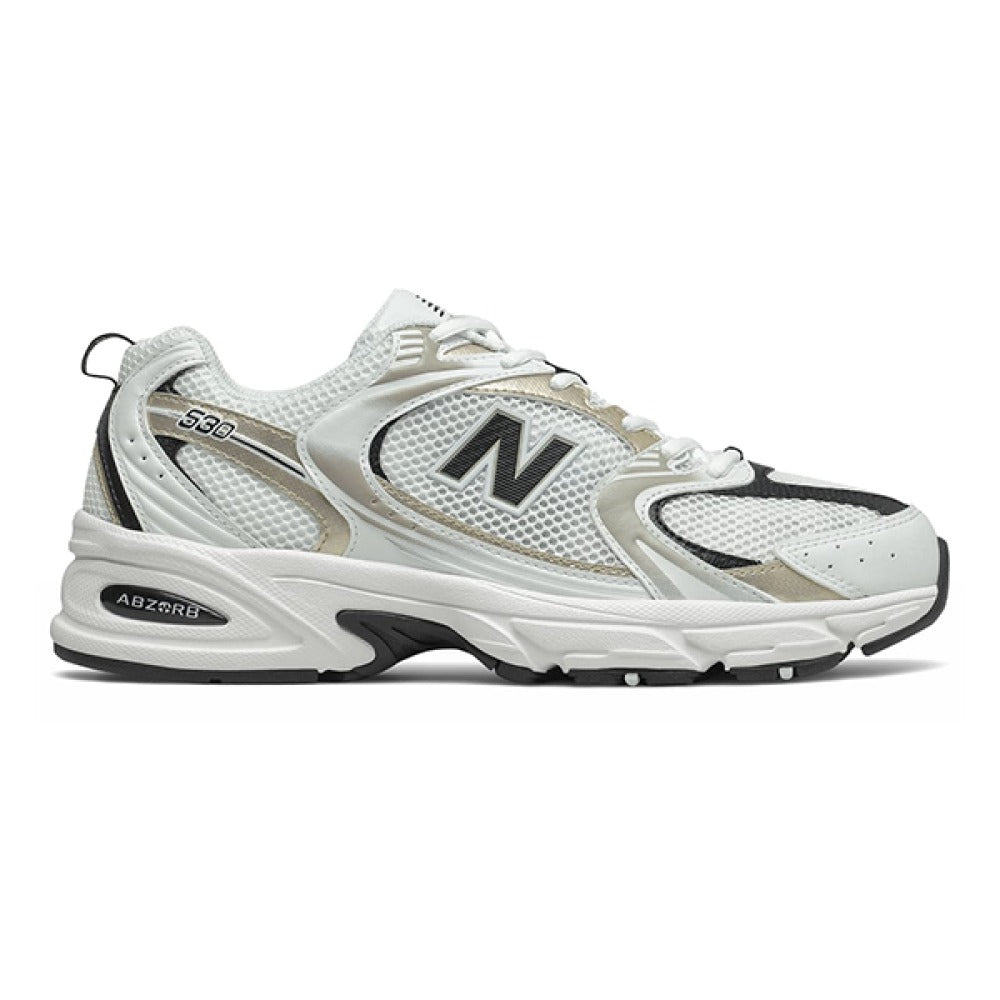 White athletic shoe with black accents on a white background