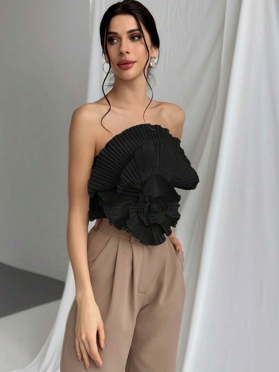 Women's Black 3D Floral Pleated Strapless Top