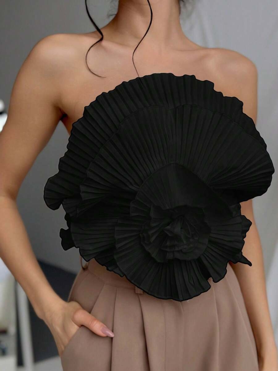 Women's Black 3D Floral Pleated Strapless Top
