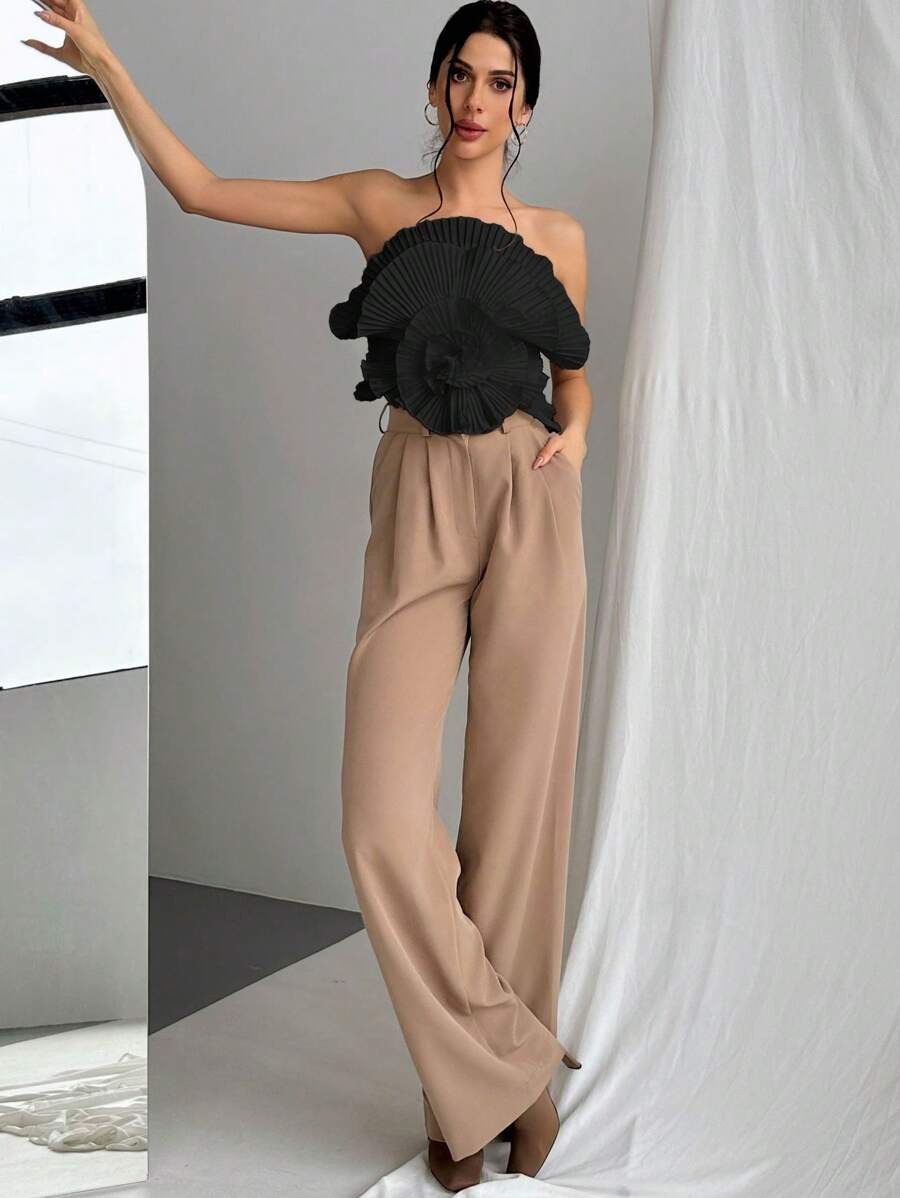 Women's Black 3D Floral Pleated Strapless Top