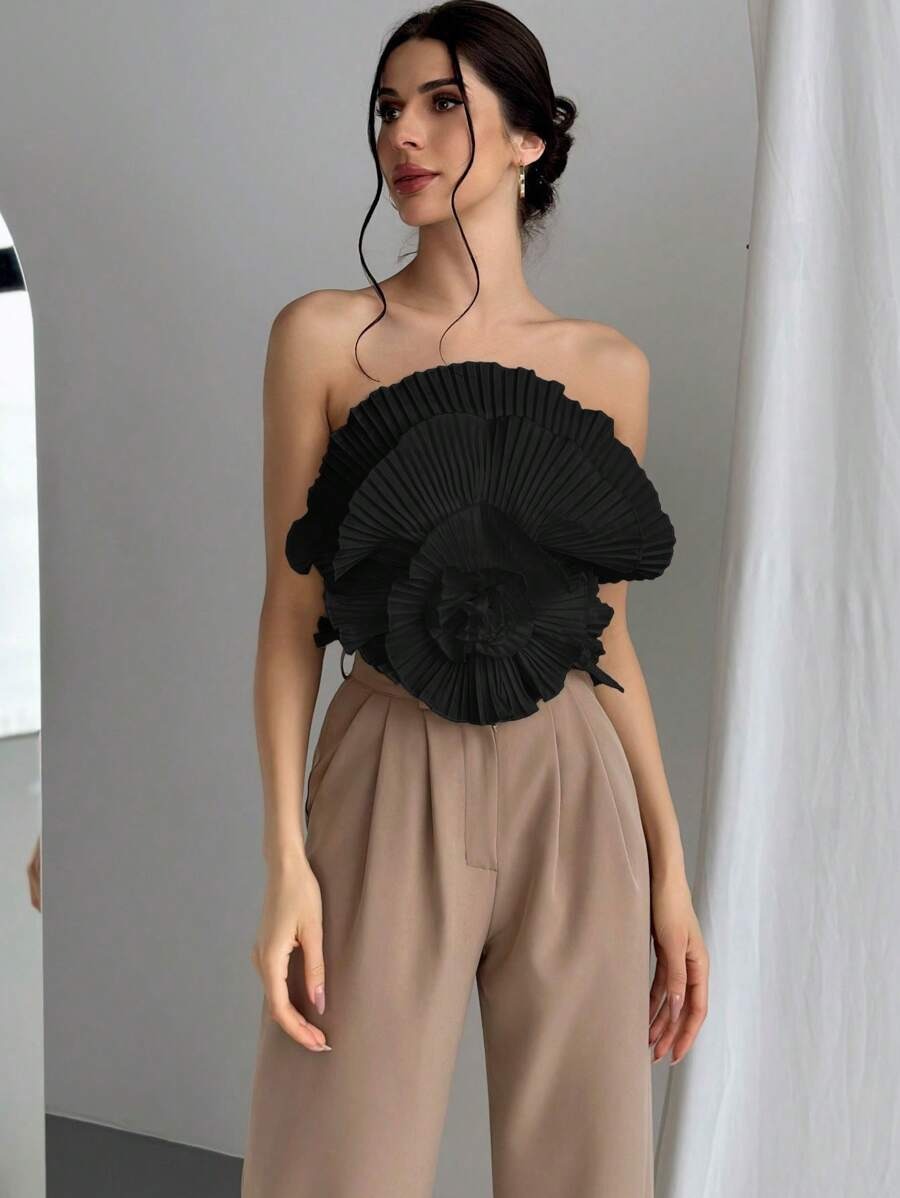 Women's Black 3D Floral Pleated Strapless Top