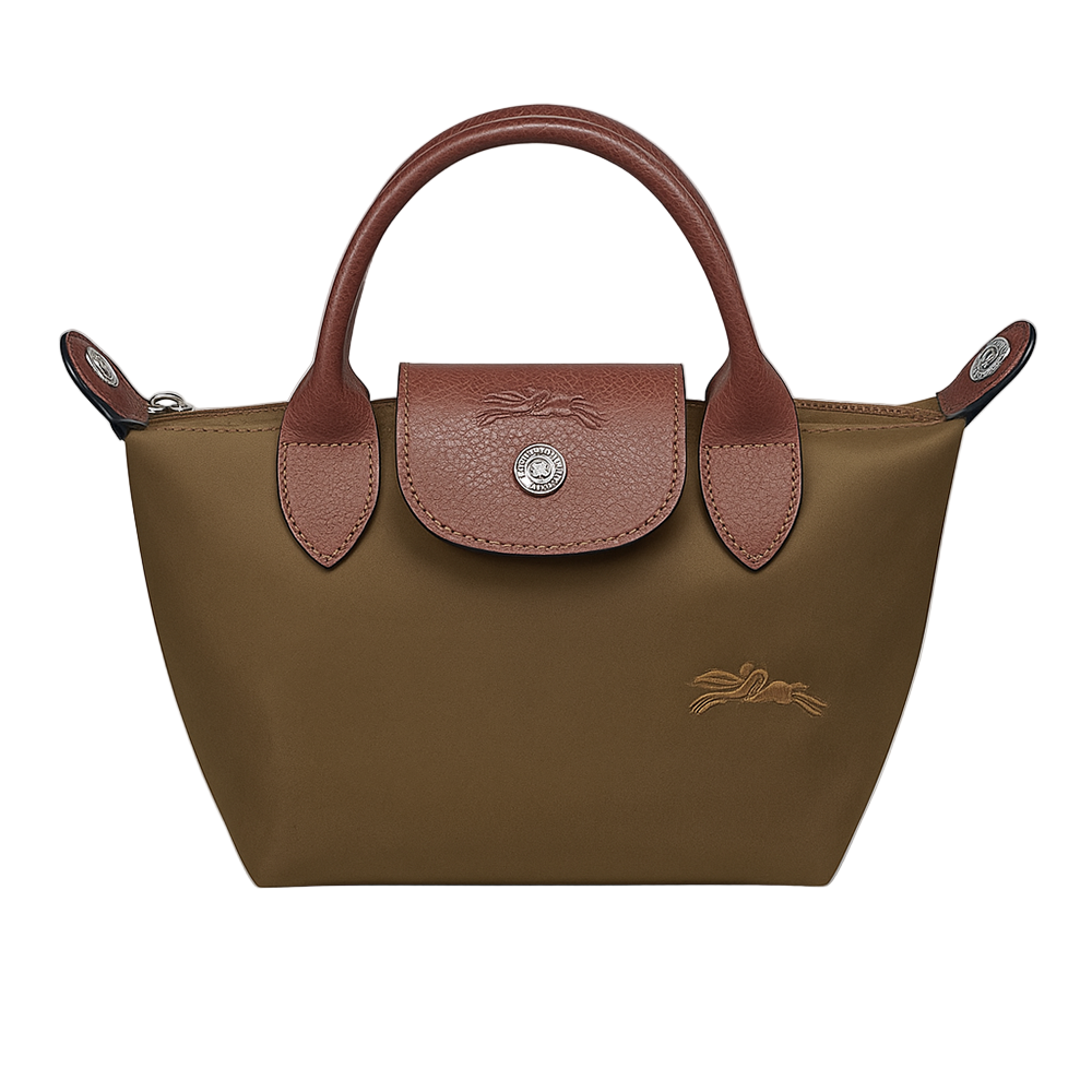 Brown handbag with leather handles and accents on a light gray background