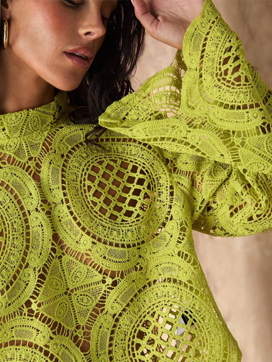 High-Neck Floral Mesh Long-Sleeve Blouse for Women