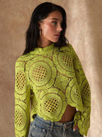 High-Neck Floral Mesh Long-Sleeve Blouse for Women