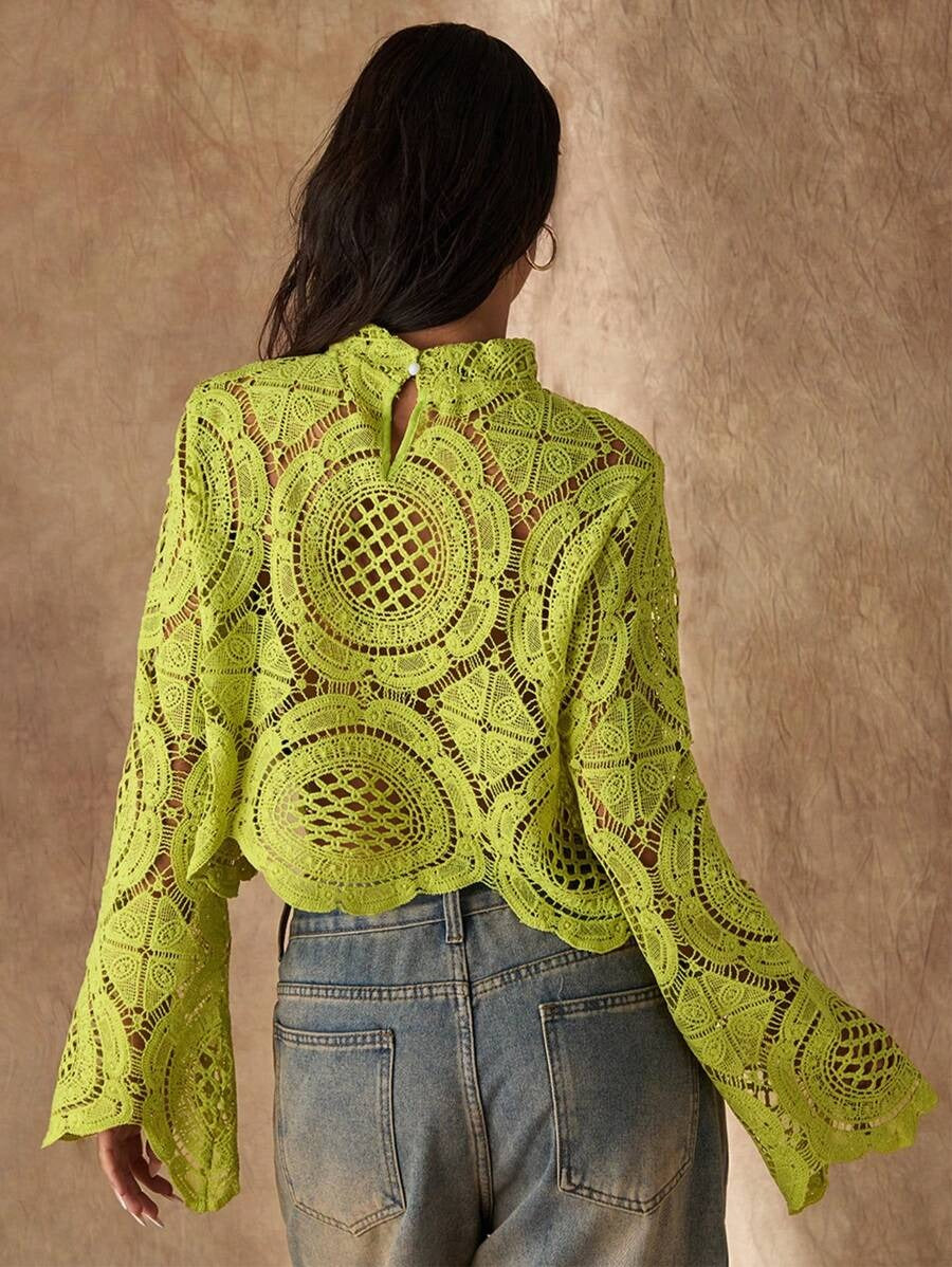 High-Neck Floral Mesh Long-Sleeve Blouse for Women
