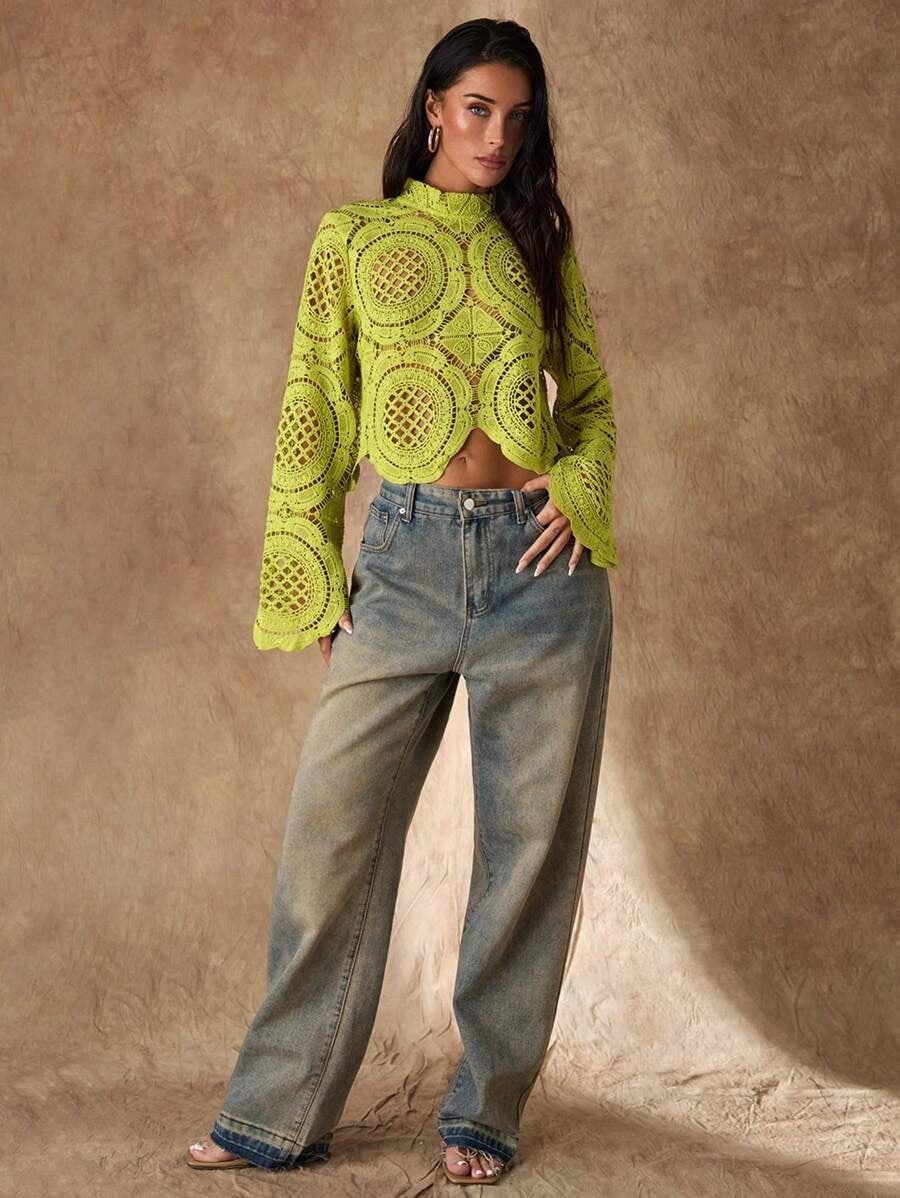 High-Neck Floral Mesh Long-Sleeve Blouse for Women