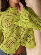 High-Neck Floral Mesh Long-Sleeve Blouse for Women