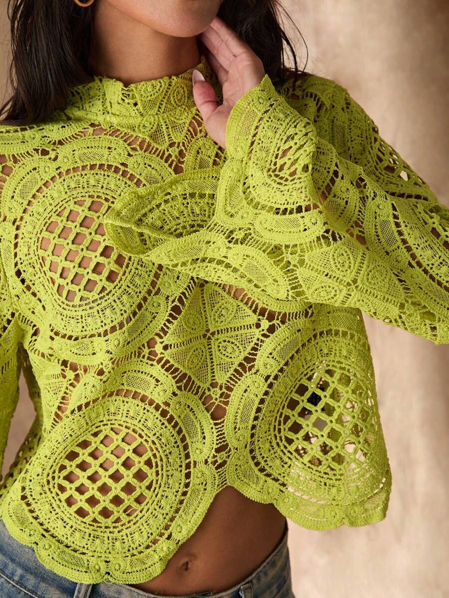 High-Neck Floral Mesh Long-Sleeve Blouse for Women