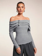 One-Shoulder Knit Top with Leather Trim – Grey