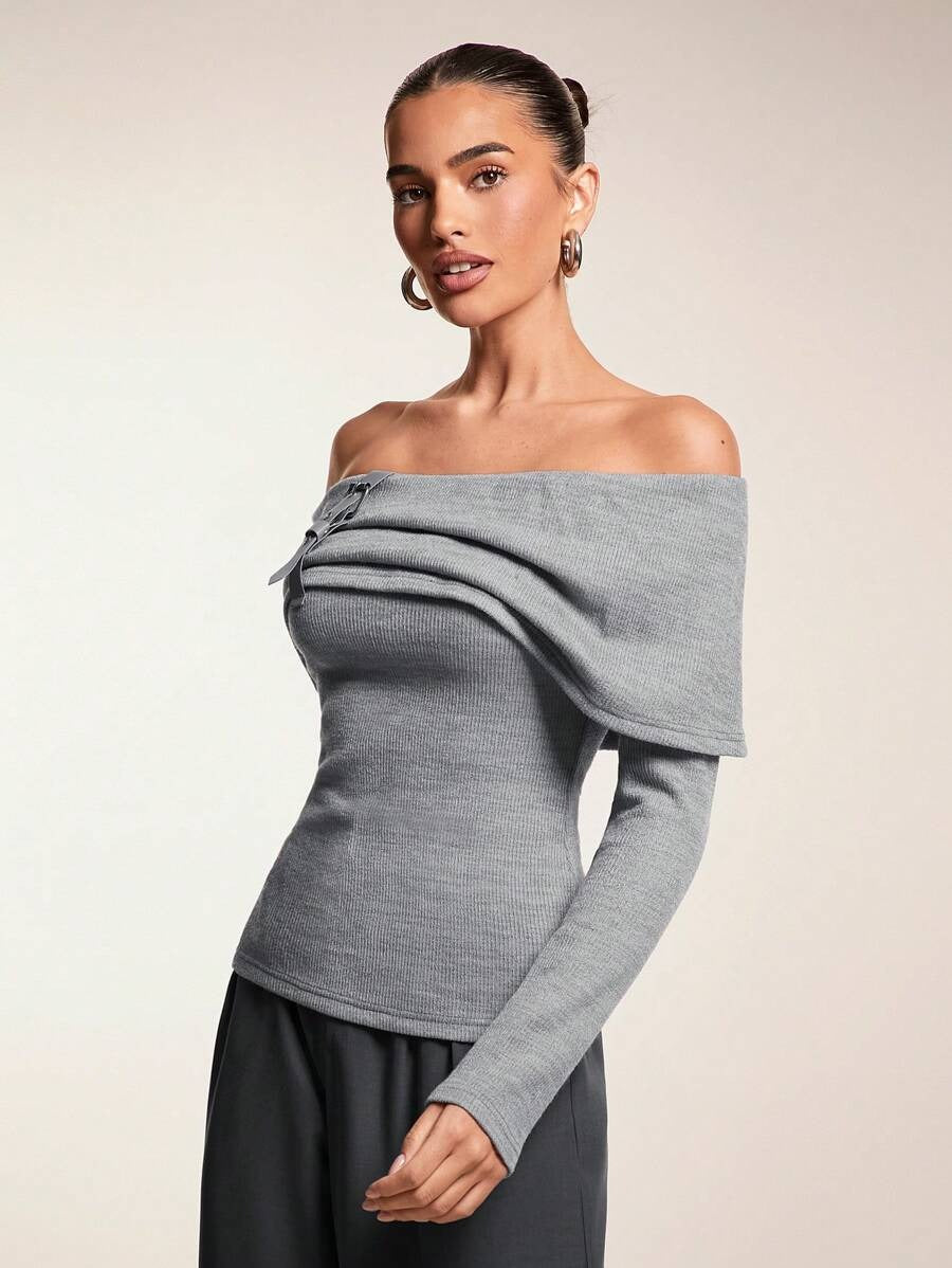 One-Shoulder Knit Top with Leather Trim – Grey