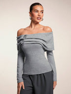 One-Shoulder Knit Top with Leather Trim – Grey