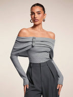 One-Shoulder Knit Top with Leather Trim – Grey