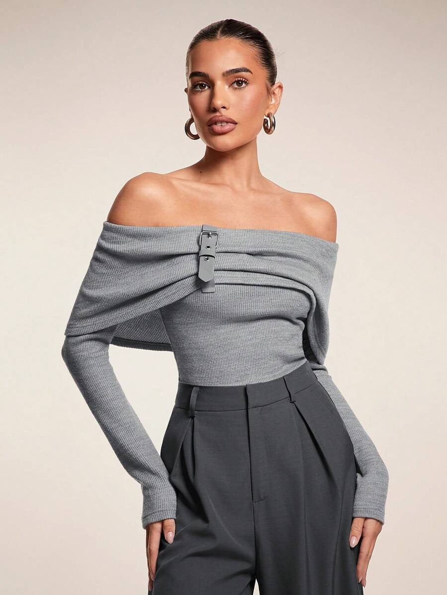 One-Shoulder Knit Top with Leather Trim – Grey
