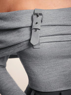 One-Shoulder Knit Top with Leather Trim – Grey