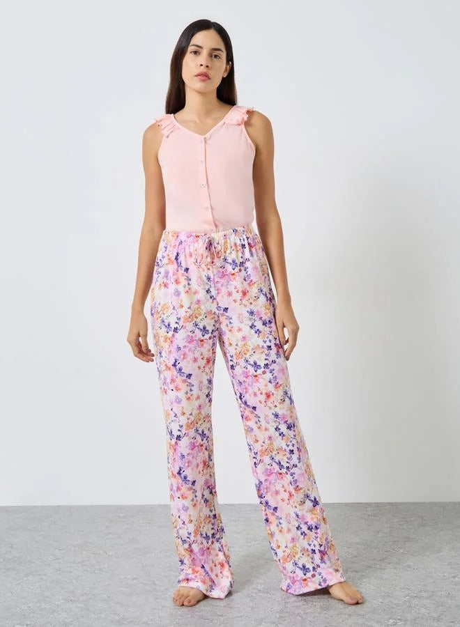 Ruffled Strappy Buttoned Top and Printed Pyjama Set