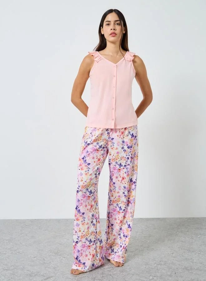 Ruffled Strappy Buttoned Top and Printed Pyjama Set