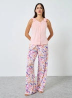 Ruffled Strappy Buttoned Top and Printed Pyjama Set