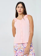 Ruffled Strappy Buttoned Top and Printed Pyjama Set