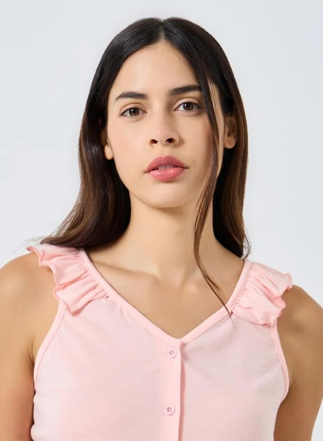 Ruffled Strappy Buttoned Top and Printed Pyjama Set