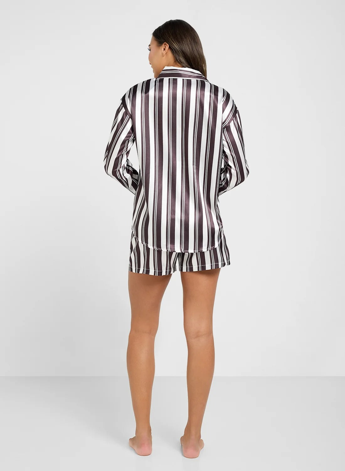 Satin Stripe Shirt & Short Pj Set Black