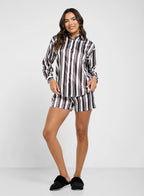 Satin Stripe Shirt & Short Pj Set Black