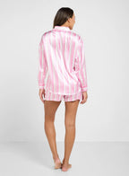 Satin Stripe Shirt & Short Pj Set Pink