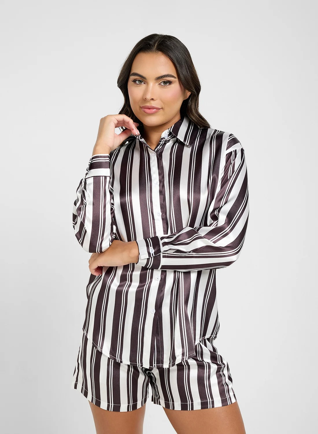 Satin Stripe Shirt & Short Pj Set Black