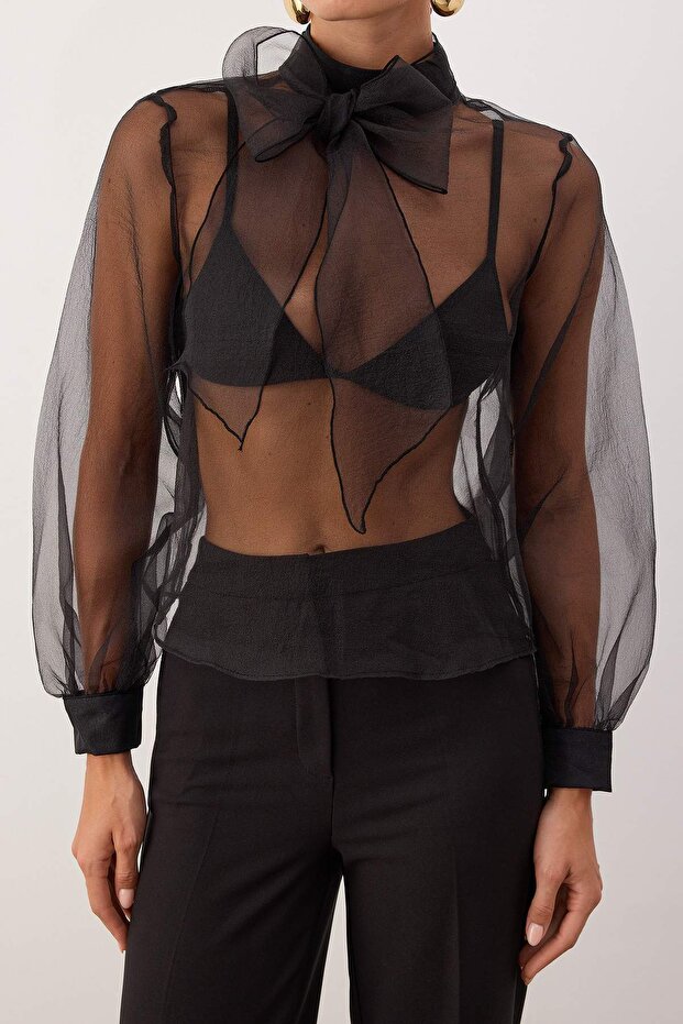 Sheer Black Tulle Blouse - Woven