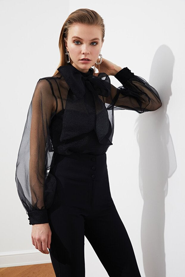 Sheer Black Tulle Blouse - Woven
