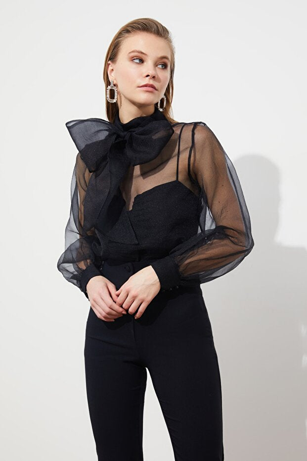 Sheer Black Tulle Blouse - Woven