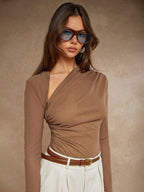 T-shirt with asymmetrical pleated collar