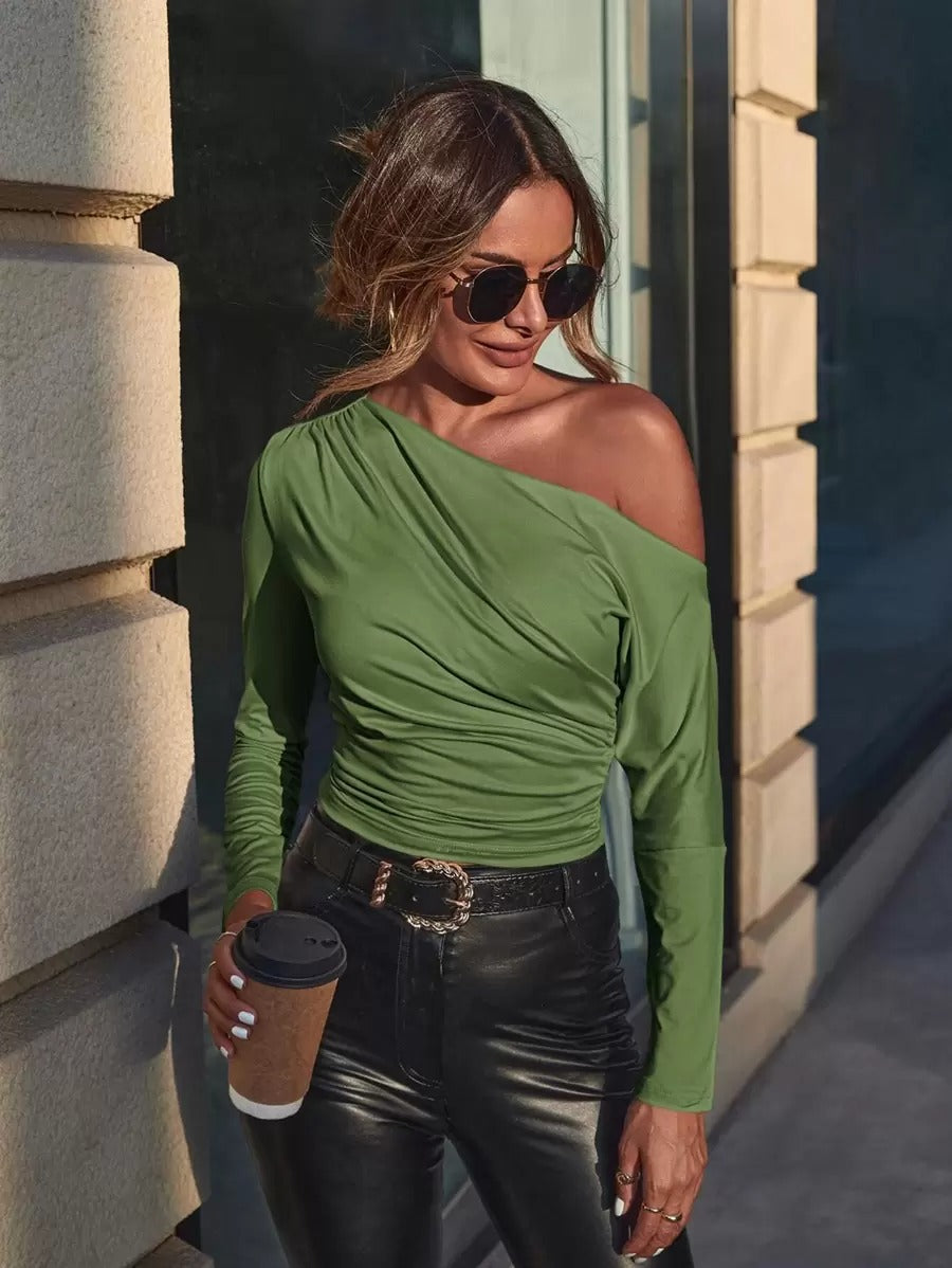 T-shirt with asymmetrical pleated collar