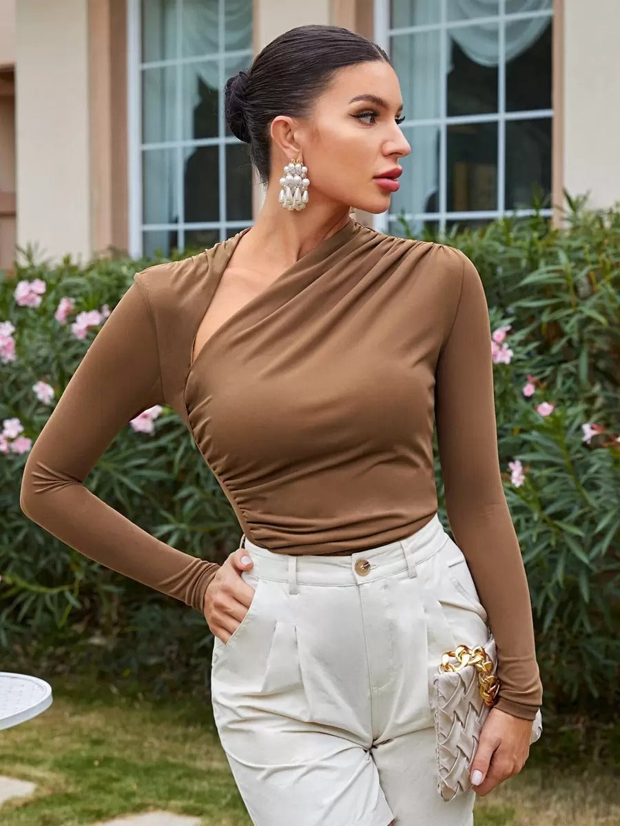 T-shirt with asymmetrical pleated collar