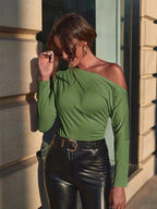 T-shirt with asymmetrical pleated collar