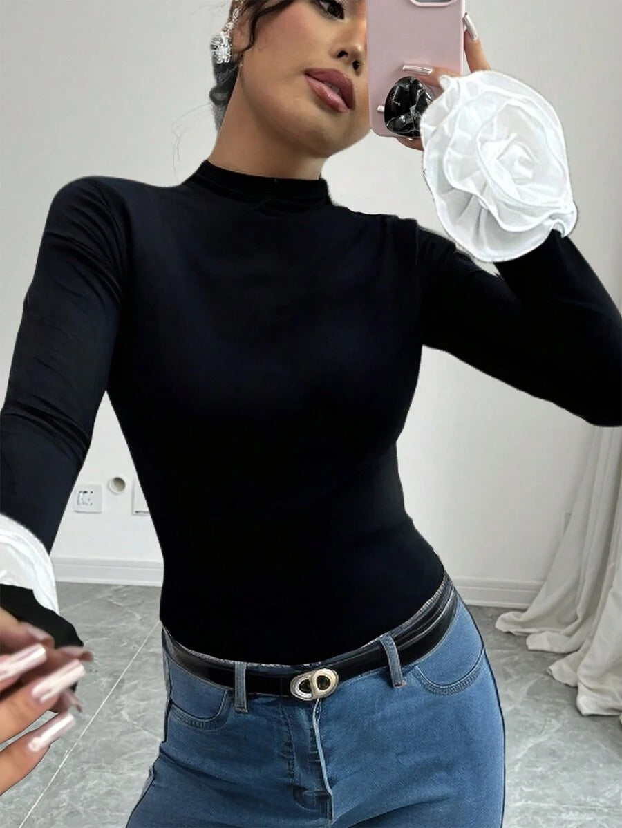 Women's 3D Floral High-Neck Knit Top with Long Sleeves