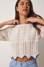 Women's Cream Blue Striped Lace Knit Blouse