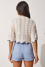 Women's Cream Blue Striped Lace Knit Blouse