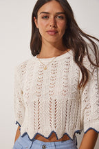 Women's Cream Blue Striped Lace Knit Blouse