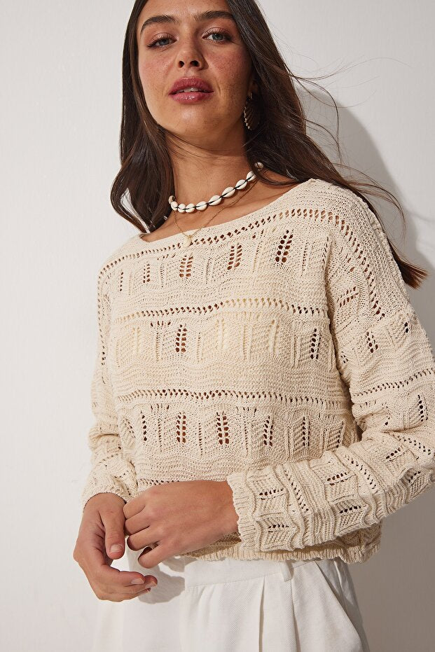 Women's Creamy Lace Boat Neck Summer Knit Top