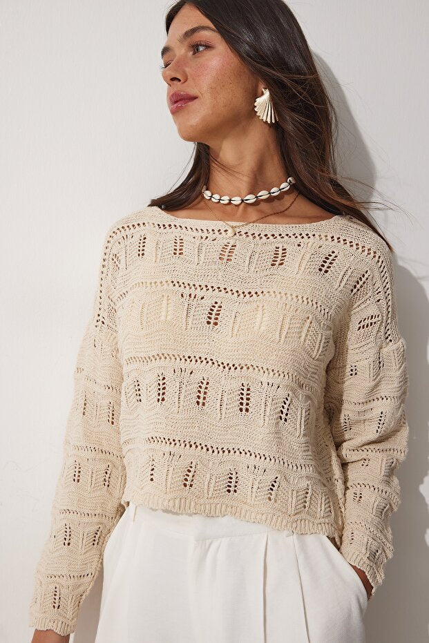 Women's Creamy Lace Boat Neck Summer Knit Top