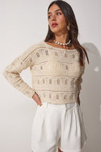 Women's Creamy Lace Boat Neck Summer Knit Top