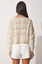 Women's Creamy Lace Boat Neck Summer Knit Top