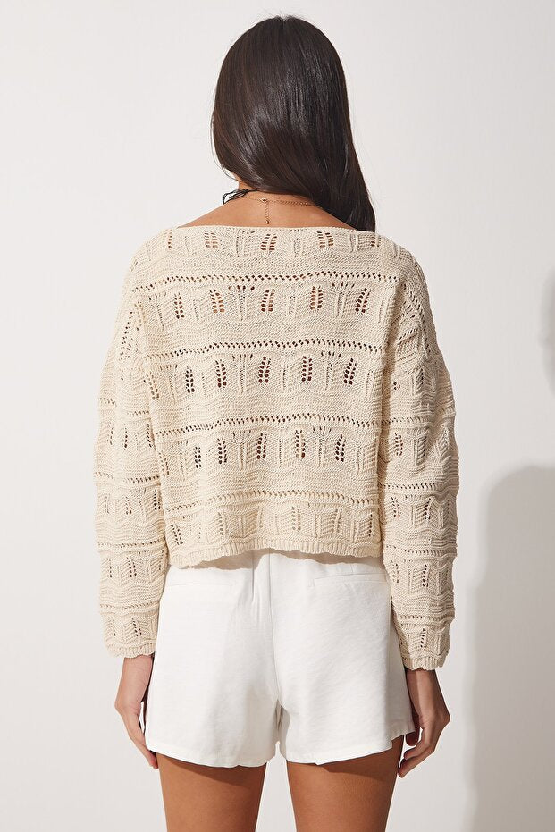 Women's Creamy Lace Boat Neck Summer Knit Top