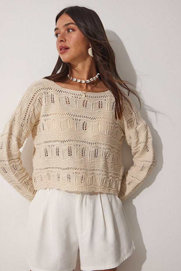 Women's Creamy Lace Boat Neck Summer Knit Top