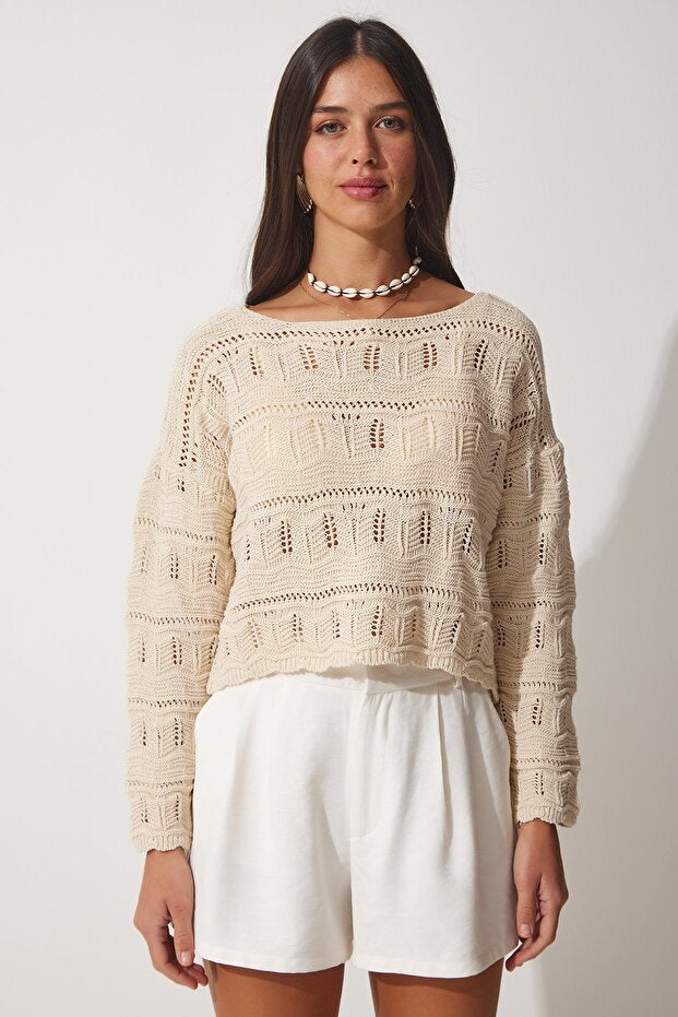 Women's Creamy Lace Boat Neck Summer Knit Top
